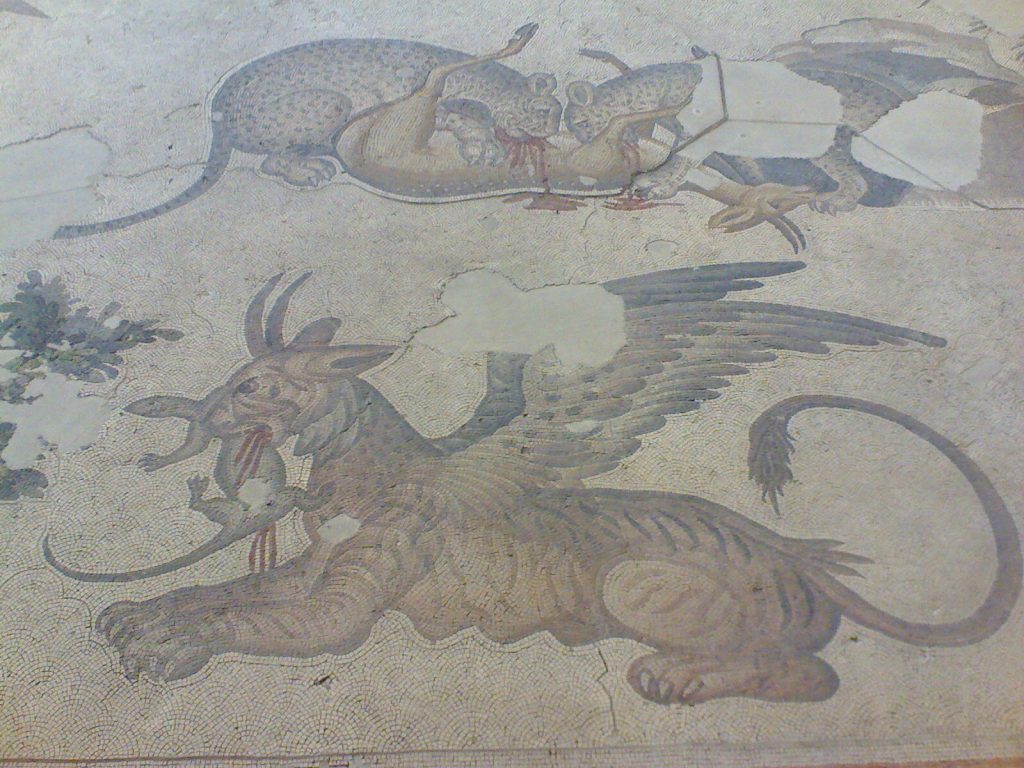 Byzantine mosaic of leopards and a griffin with their prey